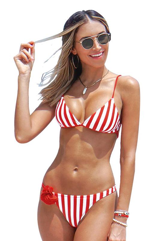 Red and White Stripe Triangle Bikini Set