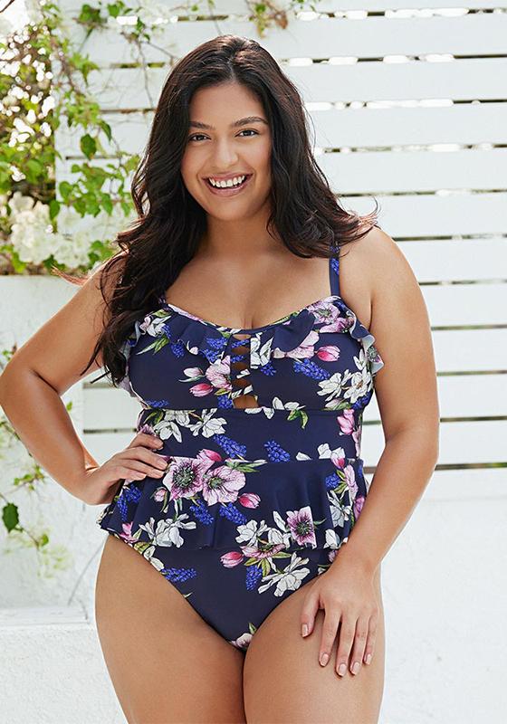 Navy Floral Ruffled One Piece