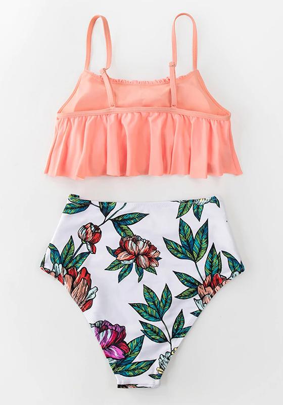 Black Floral Falbala Tank High-waist Bikini Set