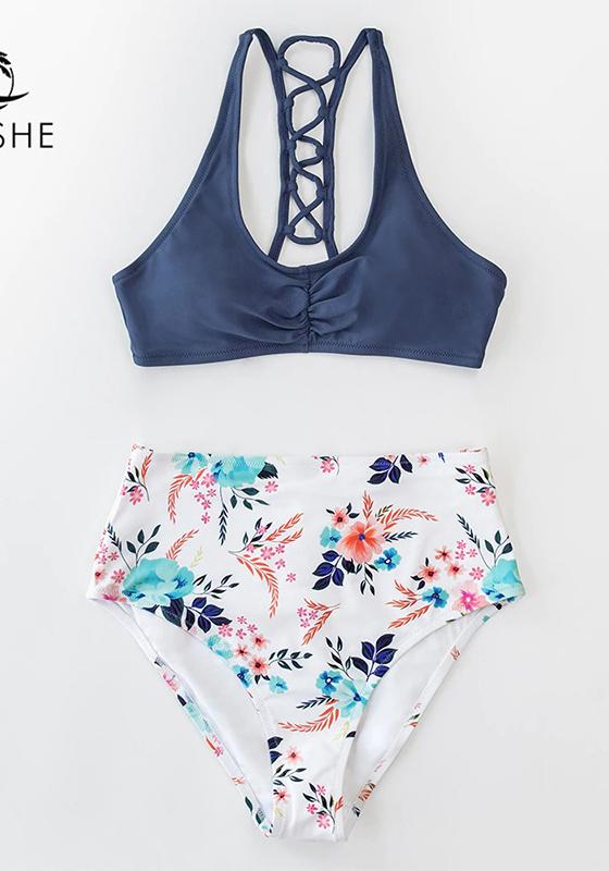 Navy And White Floral High-Waist Bikini Set
