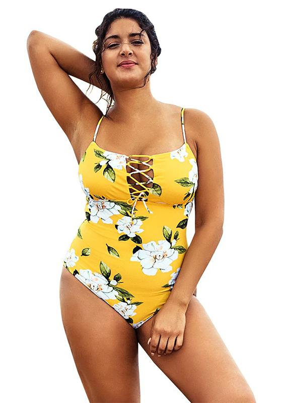 Yellow Floral Lace Up One Piece