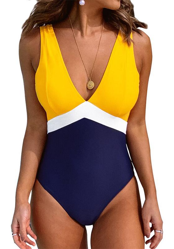 Yellow Blue Colorblocked Open Back One-Piece