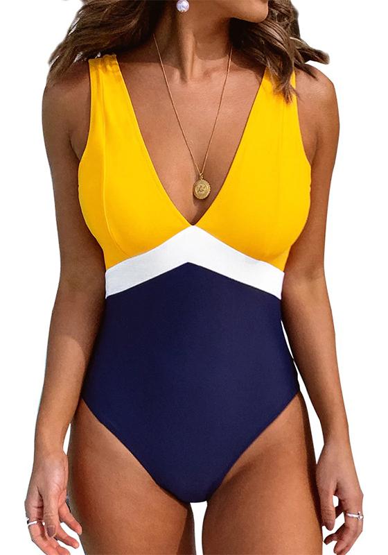 Yellow Blue Colorblocked Open Back One-Piece