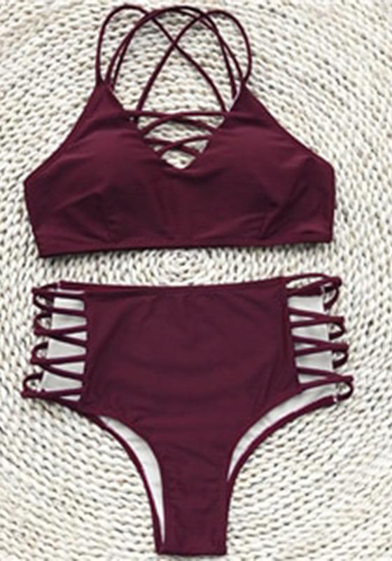 Wine Red High-waisted Halter Bikini Set
