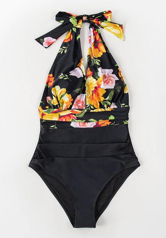 Navy Floral Deep V-neck Halter One-Piece