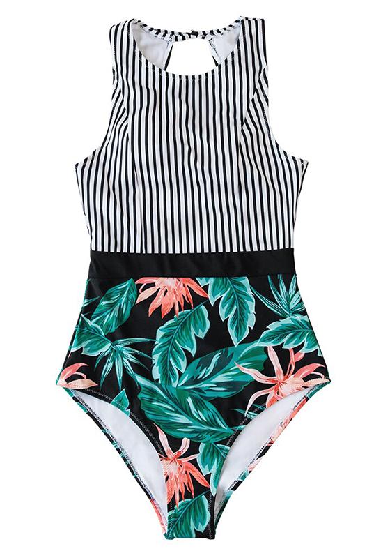 Stripe and Leaf Print Lace Up One-Piece