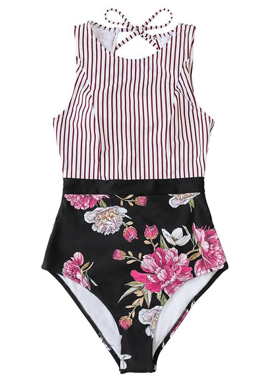 Stripe and Leaf Print Lace Up One-Piece