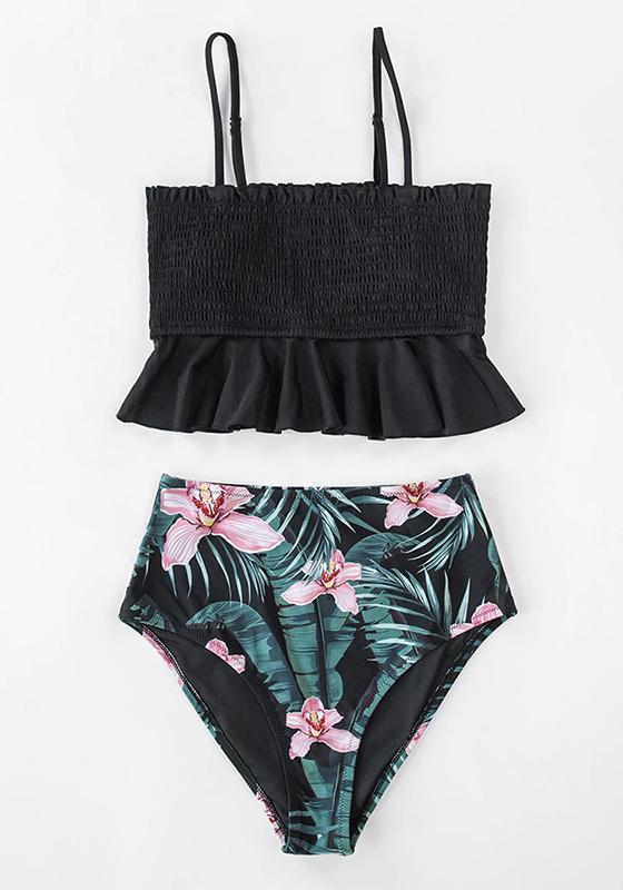 Green Floral High-Waist Bikini Set