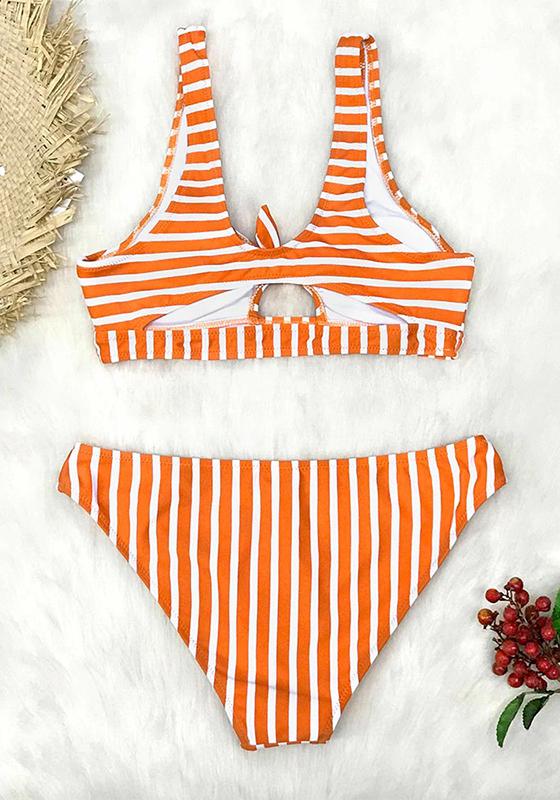 Orange And White Stripe Bowknot Bikini Set