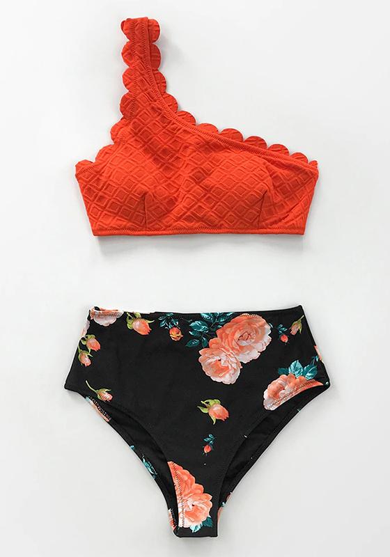 Red Scalloped One Shoulder High-waist Bikini Set