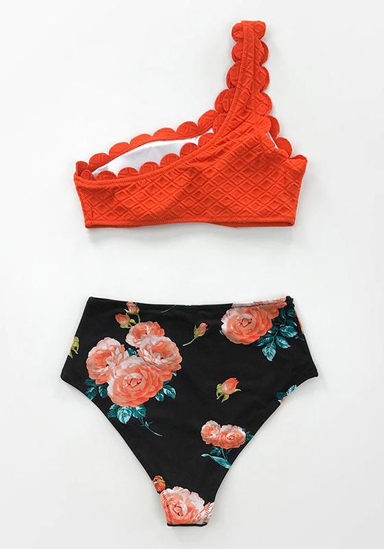Red Scalloped One Shoulder High-waist Bikini Set