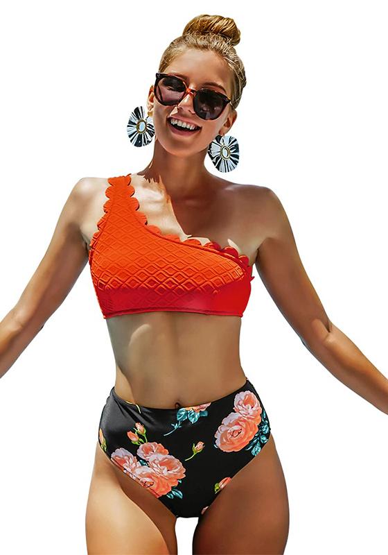 Red Scalloped One Shoulder High-waist Bikini Set