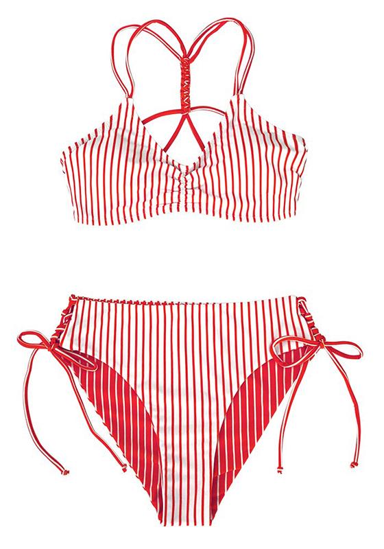 Red White Stripe Strappy Bikini Set