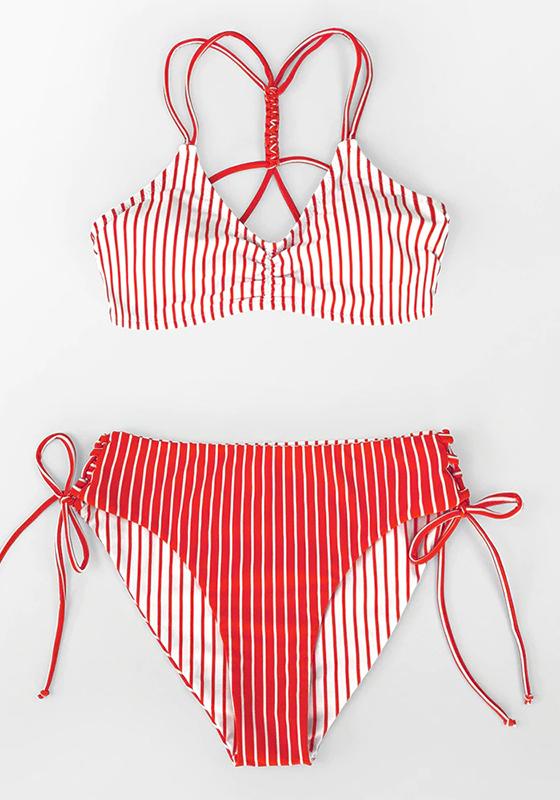 Red White Stripe Strappy Bikini Set