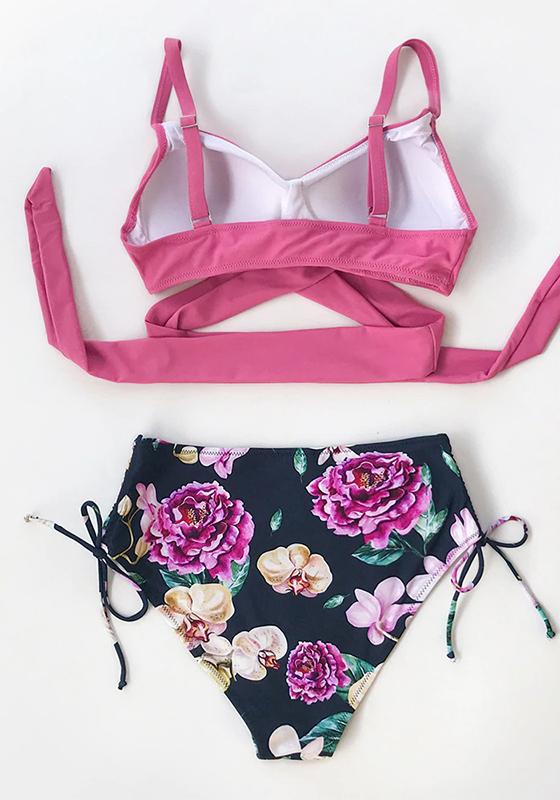 Pink And Floral Print High Waist Bikini Set
