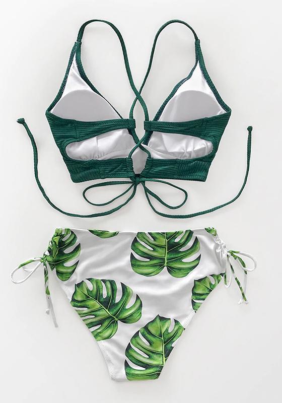Green and Leaf Print Lace Up Bikini Set