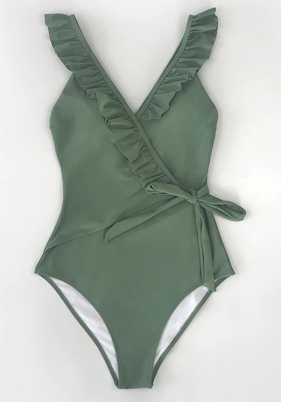 Solid Olive V-neck Ruffled Lace-up One-Piece