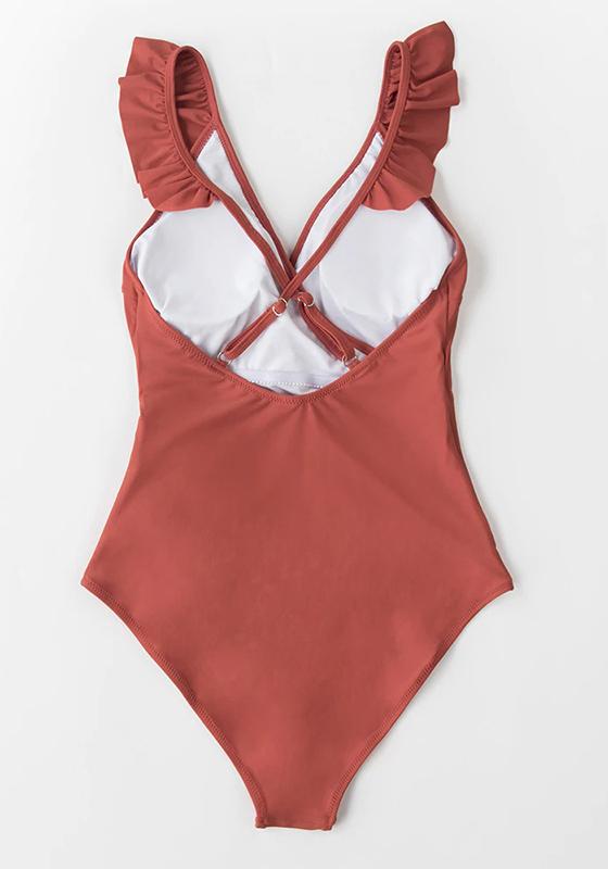 Solid Olive V-neck Ruffled Lace-up One-Piece