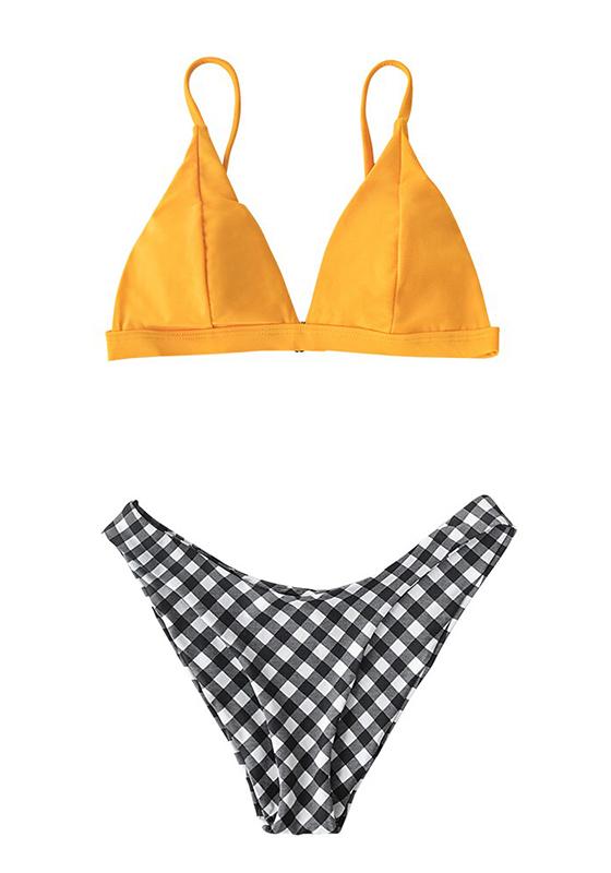 Yellow and Gingham Triangle Bikini Set