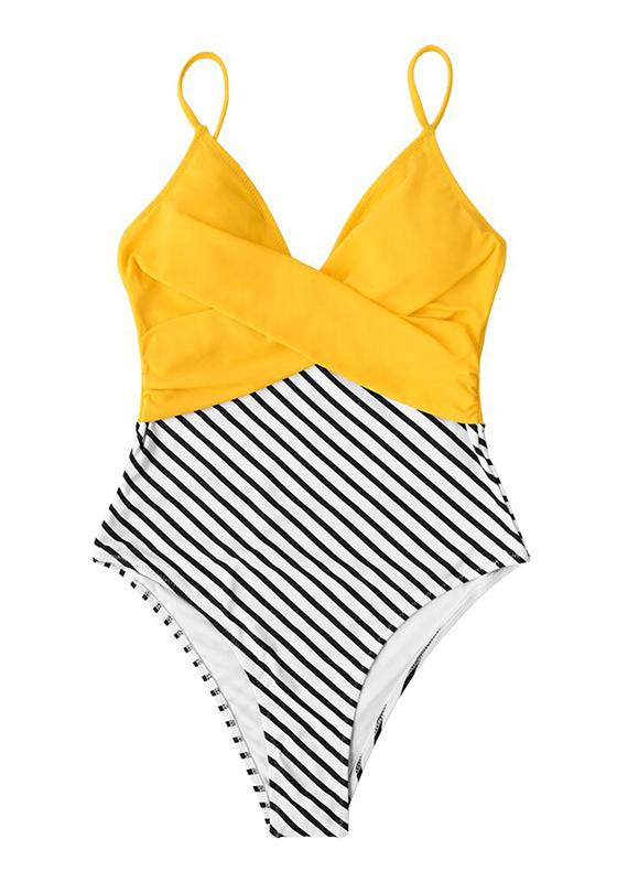 Yellow and Striped Twist V-neck One-Piece