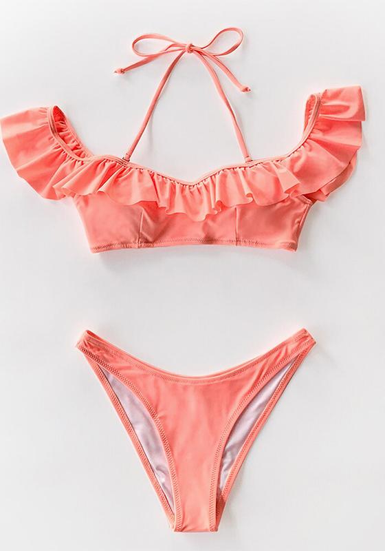 Solid Pink Ruffled Halter Thong Bikini Set