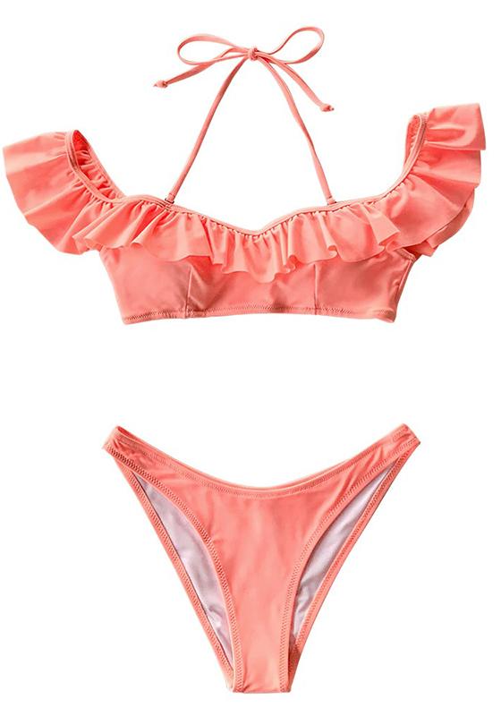 Solid Pink Ruffled Halter Thong Bikini Set