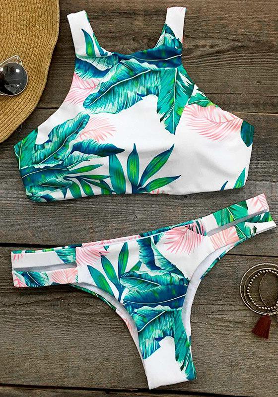 Ocean Vibes Palm Printing Tank Thong Bikini Set