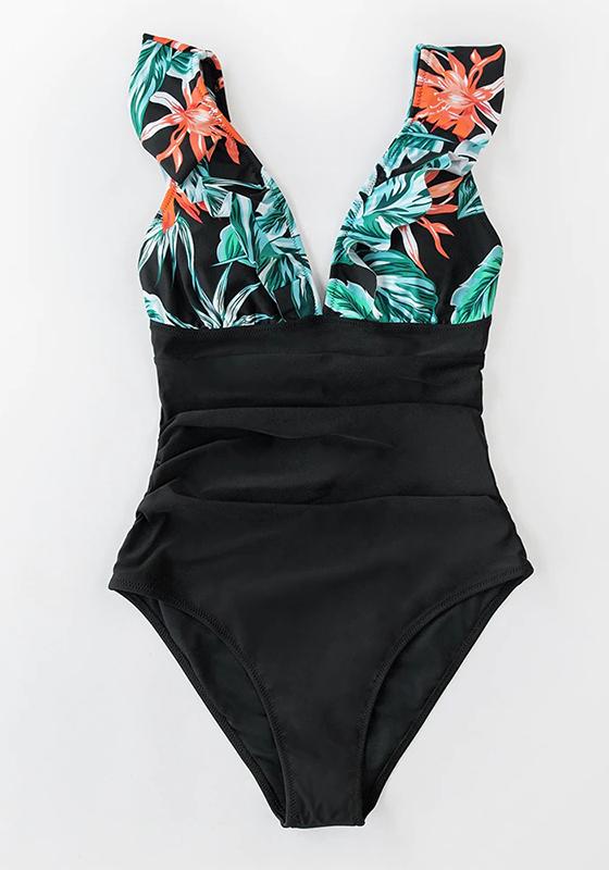 Black Floral Ruffled V-neck One-Piece