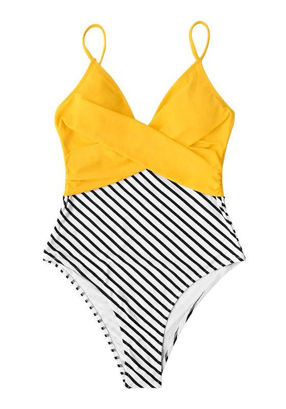 Yellow and Striped Twist V-neck One-Piece