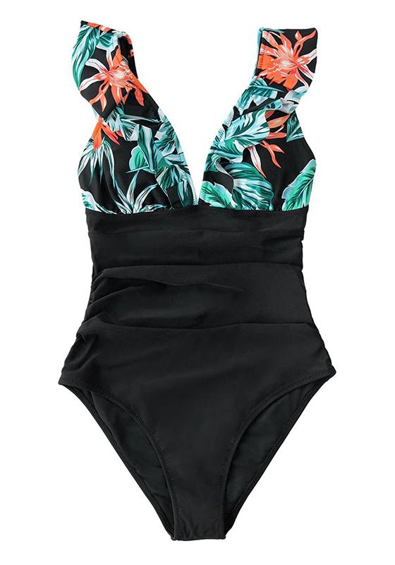 Black Floral Ruffled V-neck One-Piece