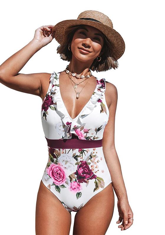 White Floral Ruffled V-neck One-Piece