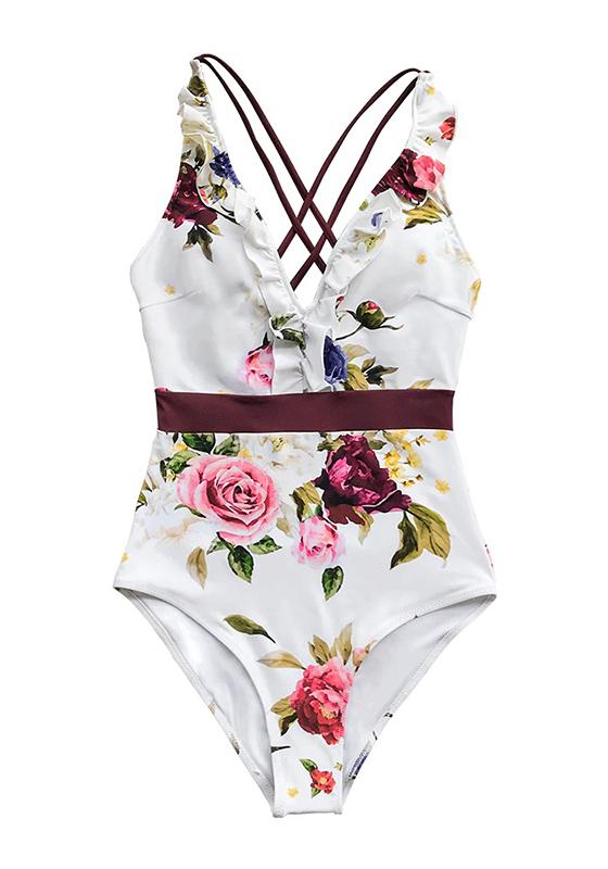 White Floral Ruffled V-neck One-Piece