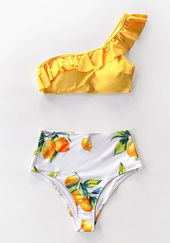 Yellow Lemon Print One Shoulder High-Waisted Bikini Set
