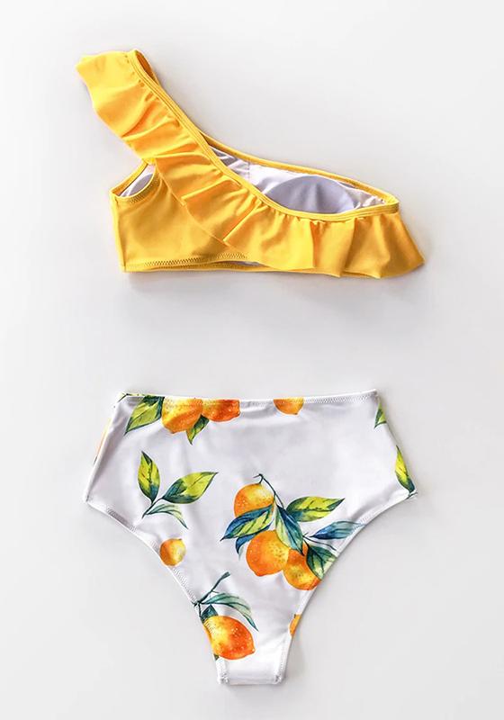 Yellow Lemon Print One Shoulder High-Waisted Bikini Set