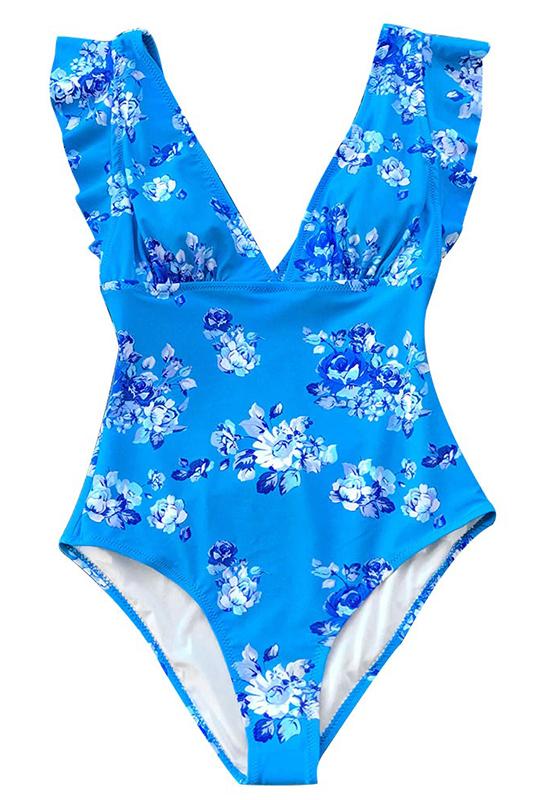 Elegant Blue Floral Print One-Piece