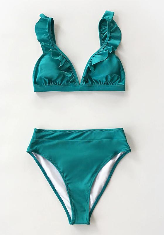 Solid Red Green Ruffled High-Waisted Bikini Set