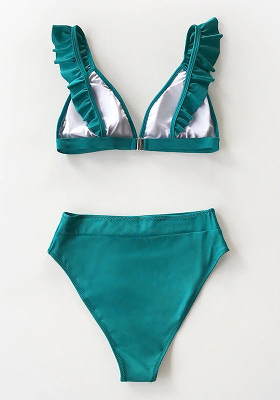 Solid Red Green Ruffled High-Waisted Bikini Set