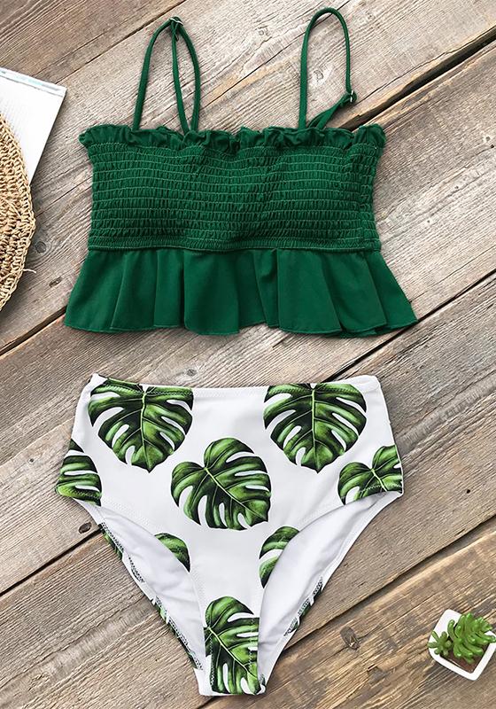 Smocked Orange Monstera High-Waist Bikini Set