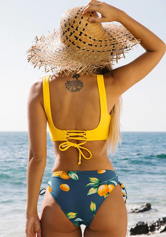 Yellow And Lemon Print Mid-Waist Bikini Set