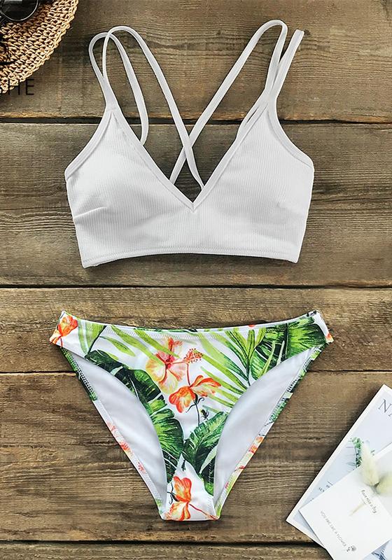White and Green Leaf Print Low-waist Bikini Set