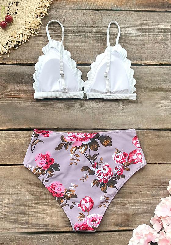 White and Pink Floral Scalloped High-waist Bikini