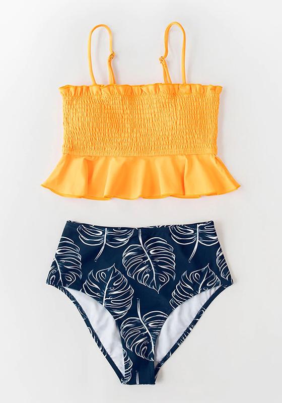 Smocked Blue Leaves Print Bikini Set