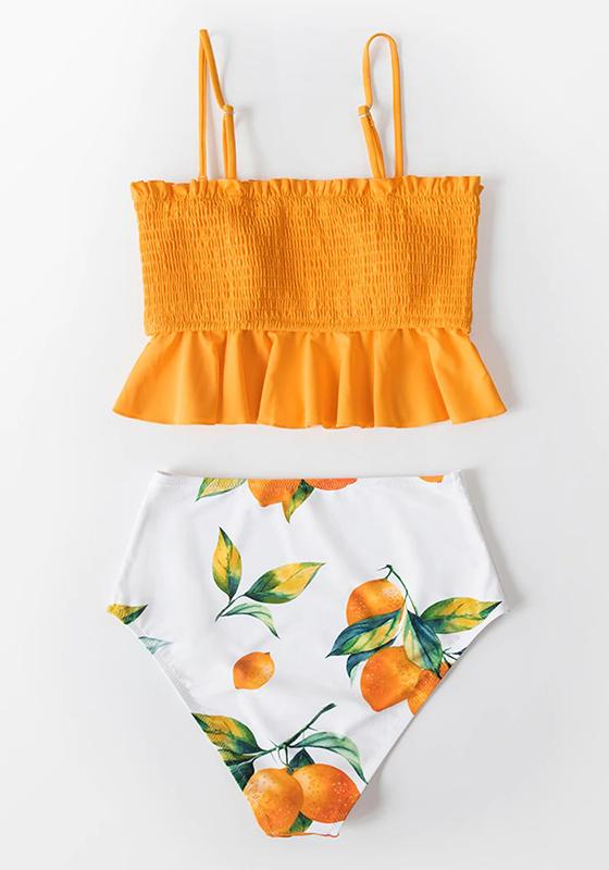 Smocked Blue Leaves Print Bikini Set