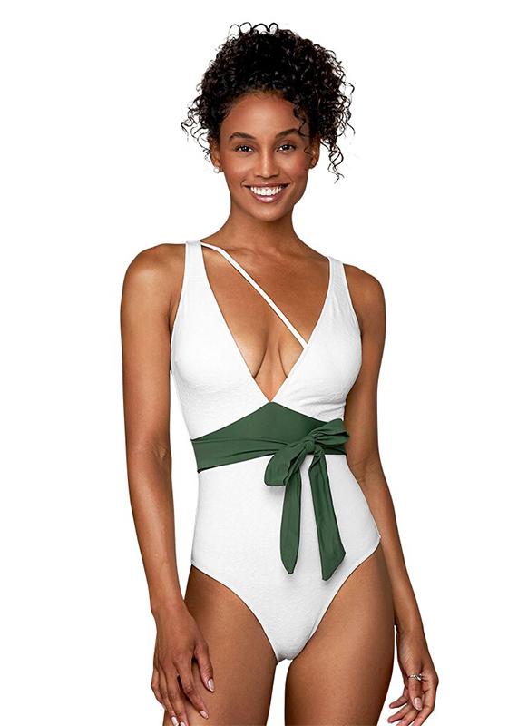 White One Piece Swimsuit With Green Belt