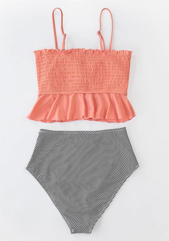 Smocked Blue Leaves Print Bikini Set