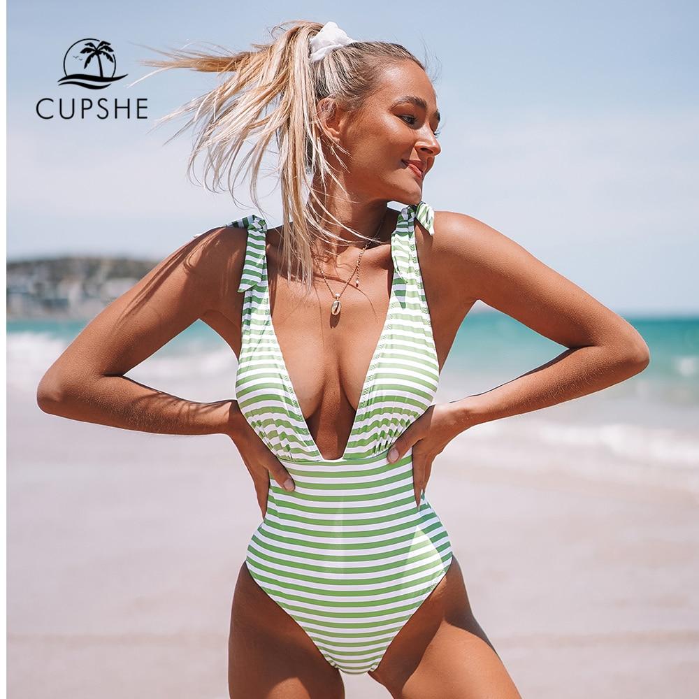 Stripe Print Deep V-neck One-Piece