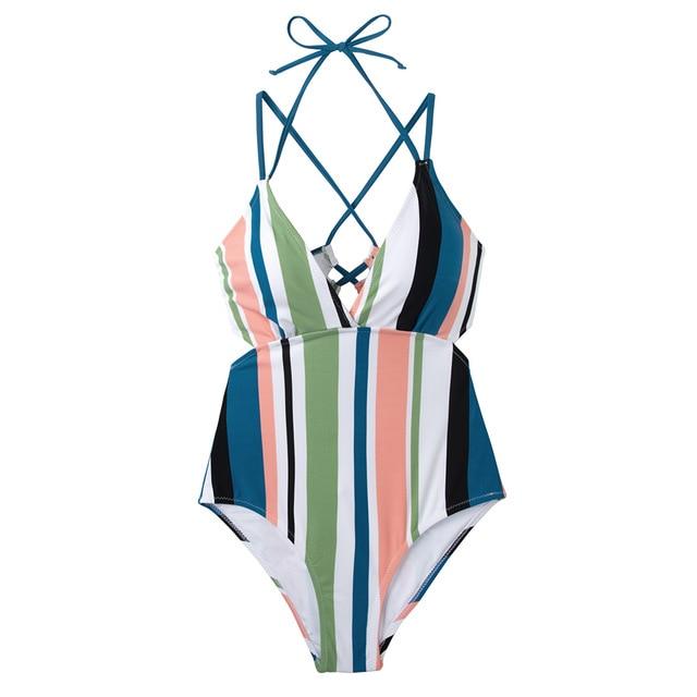 Stripe V-neck Halter One-Piece