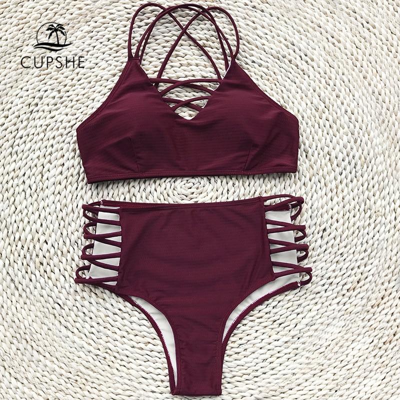 Wine Red High-waisted Halter Bikini Set