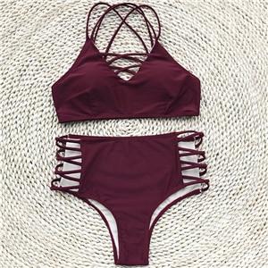 Wine Red High-waisted Halter Bikini Set