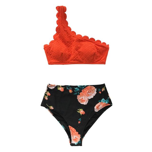 Red Scalloped One Shoulder High-waist Bikini Set
